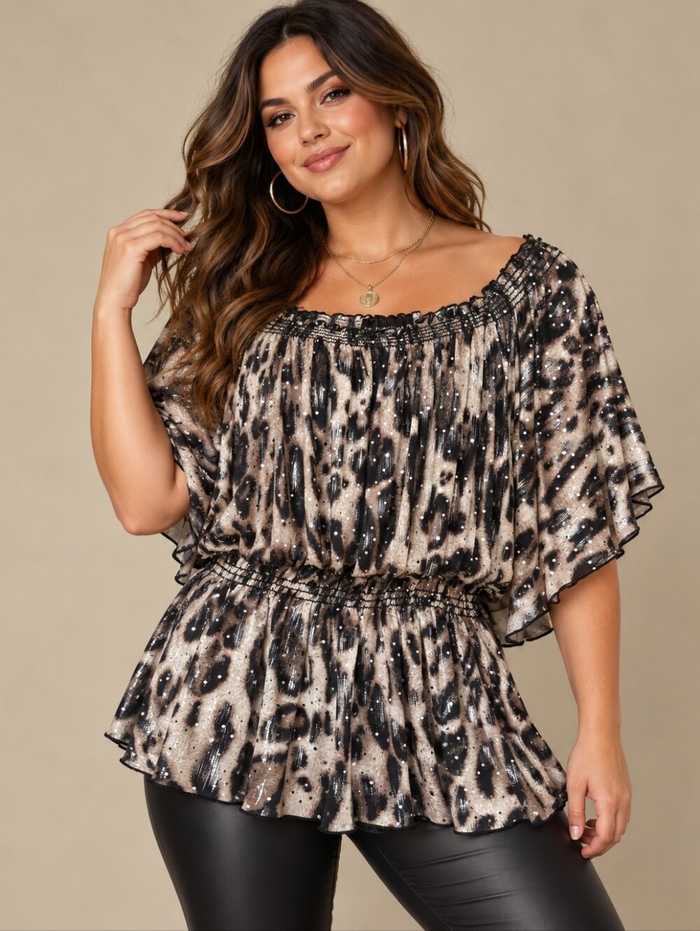 Frank Lyman (190$) | Animal Print Sparkle Off-Shoulder Tunic Top, Size 14